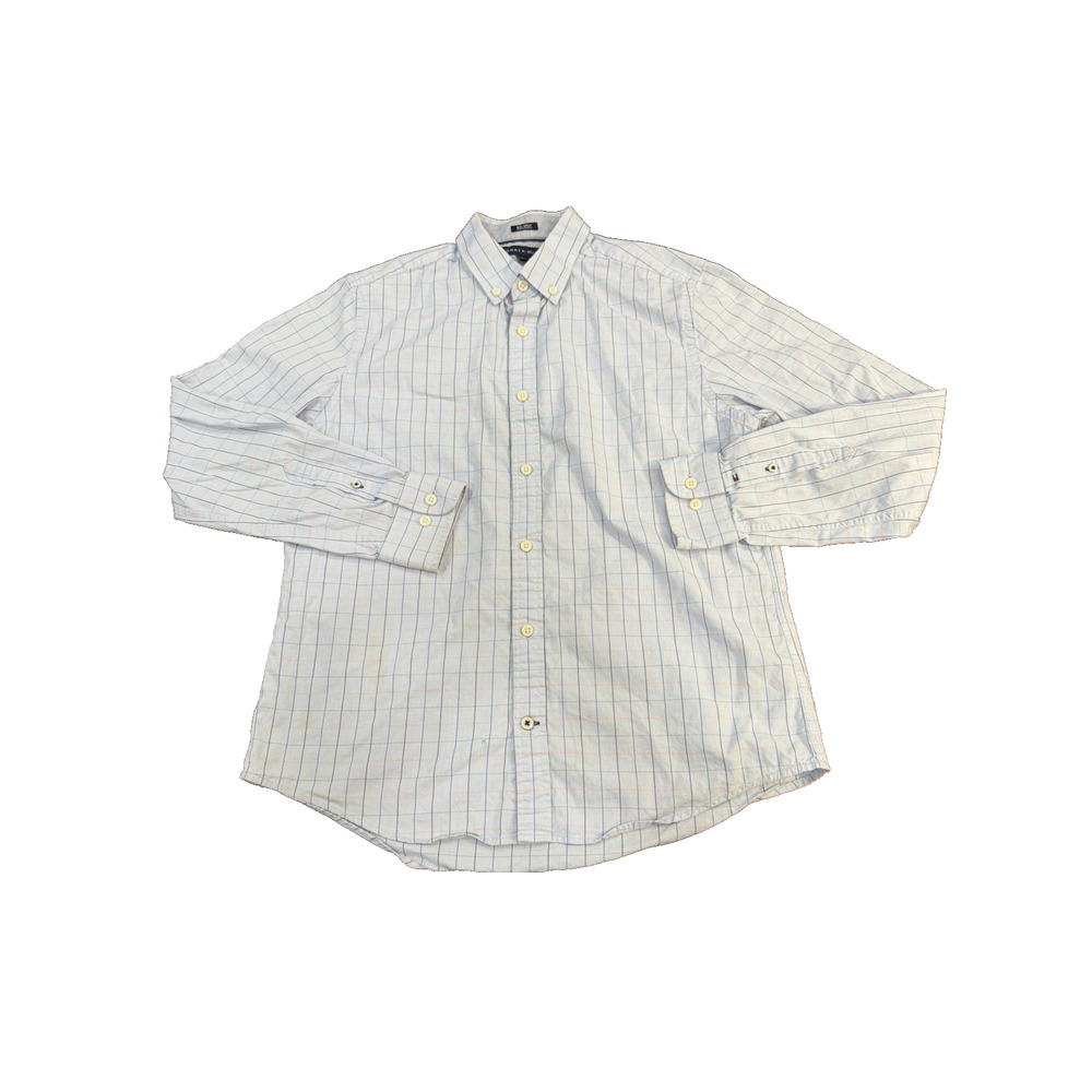 Tommy Hilfiger Men’s 80’s 2-Ply Fabric Blue Plaid Custom Fit Dress Shirt Sz M